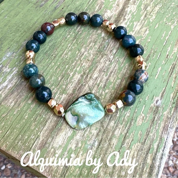 Moss agate beaded bracelet prosperity for Gemini ♊️ Biwa pearl - Picture 1 of 4